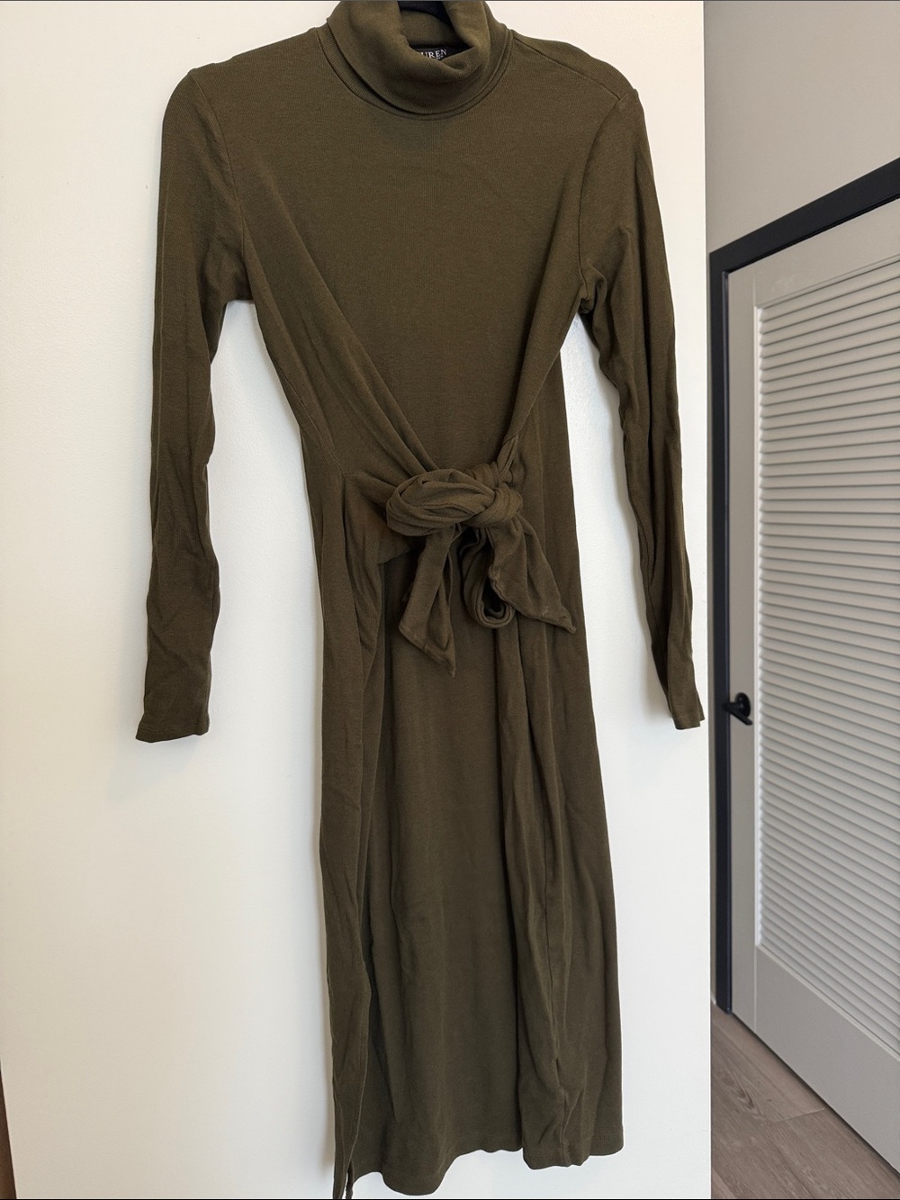 Ralph Lauren Olive Turtleneck Tie-Waist Midi Dress
